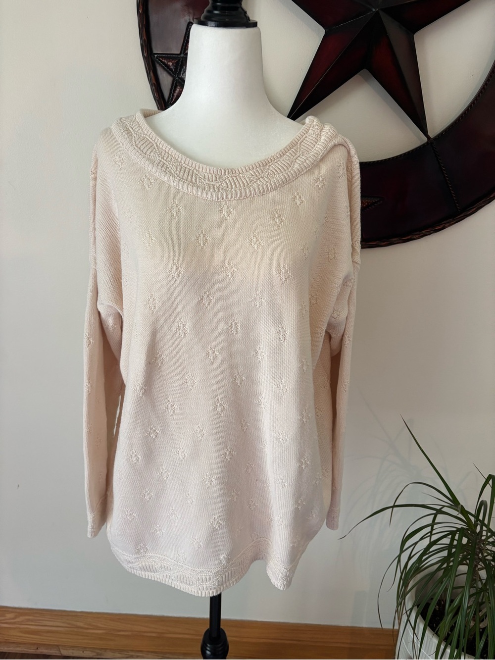 Express Cotton Cottagecore Whimsical Cream Subtle Texture Scoop-Neck Sweater Lg